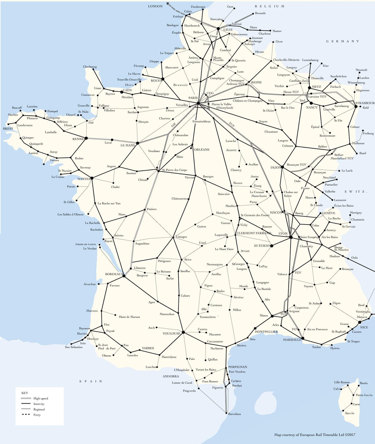 mapa das linhas de trem na França