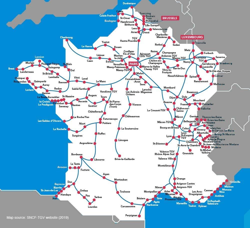 mapa da França, do trem de alta velocidade