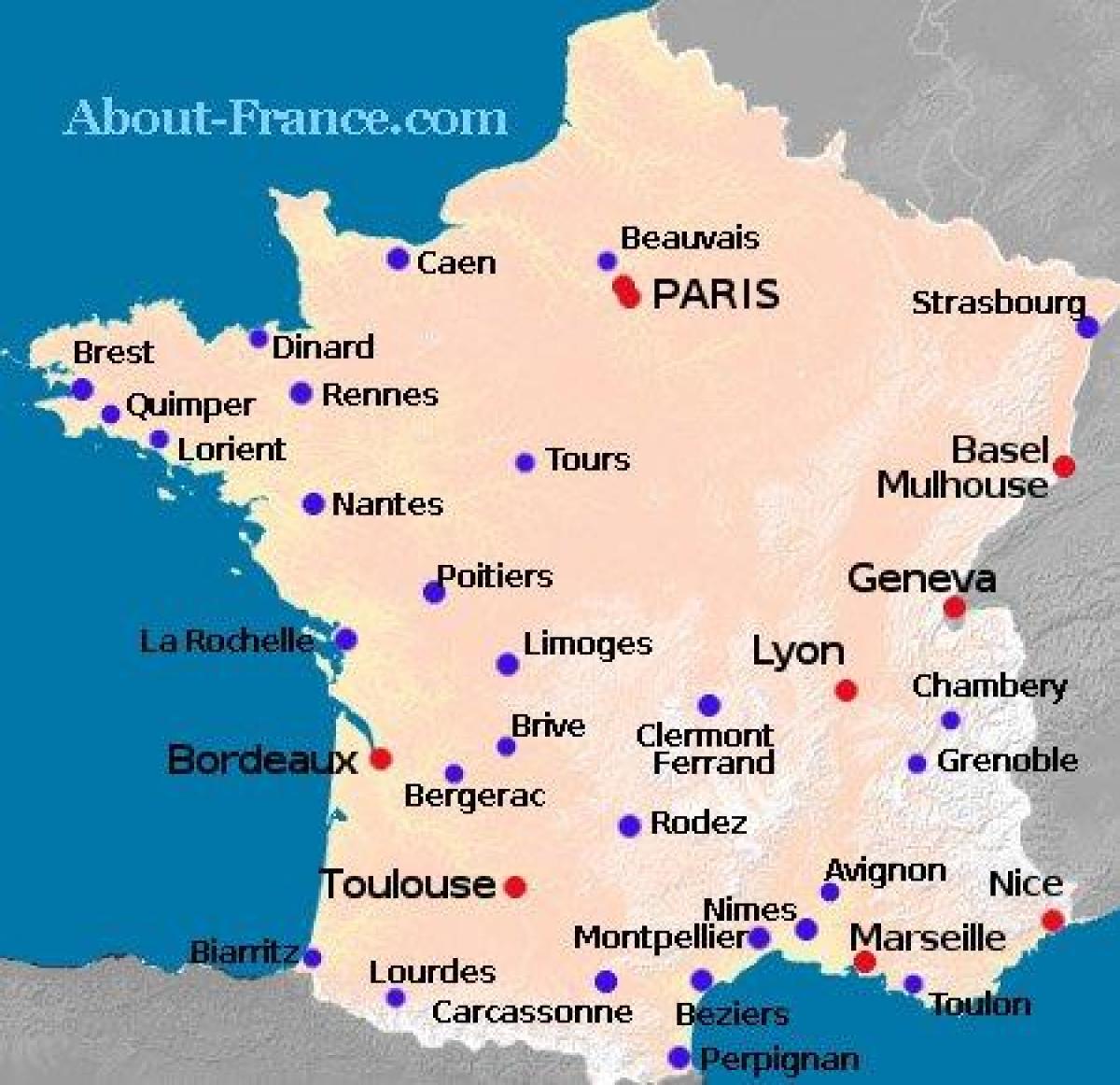 mapa da França, mostrando aeroportos