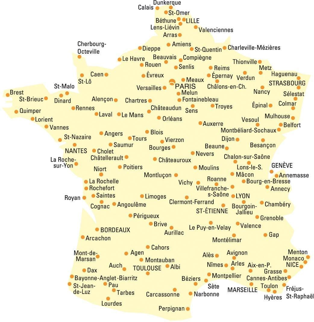 mapa da França, com todas as cidades