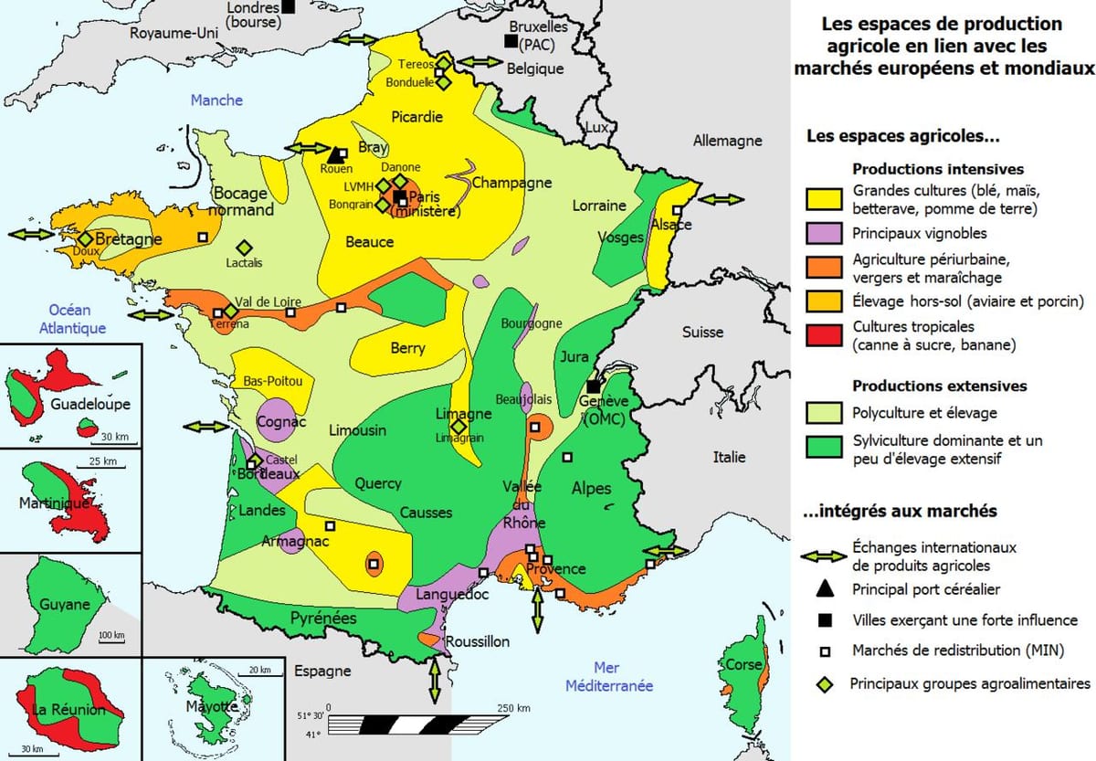 mapa da França, a agricultura