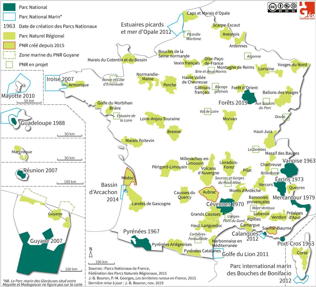 mapa dos parques nacionais na França