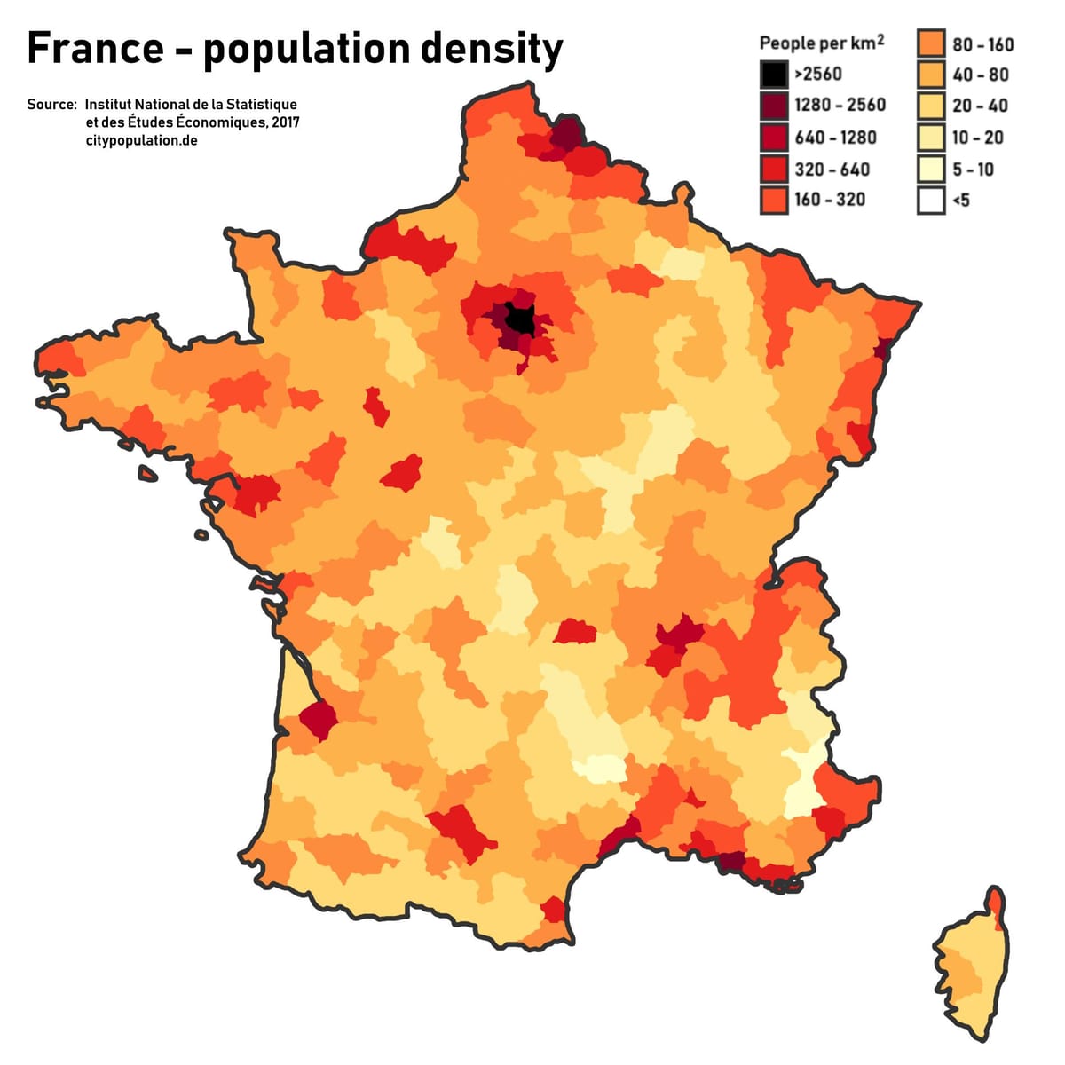 mapa da França, da população