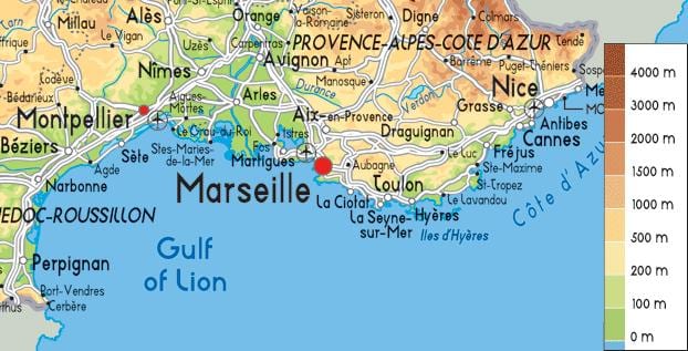 mapa da França, da costa sul