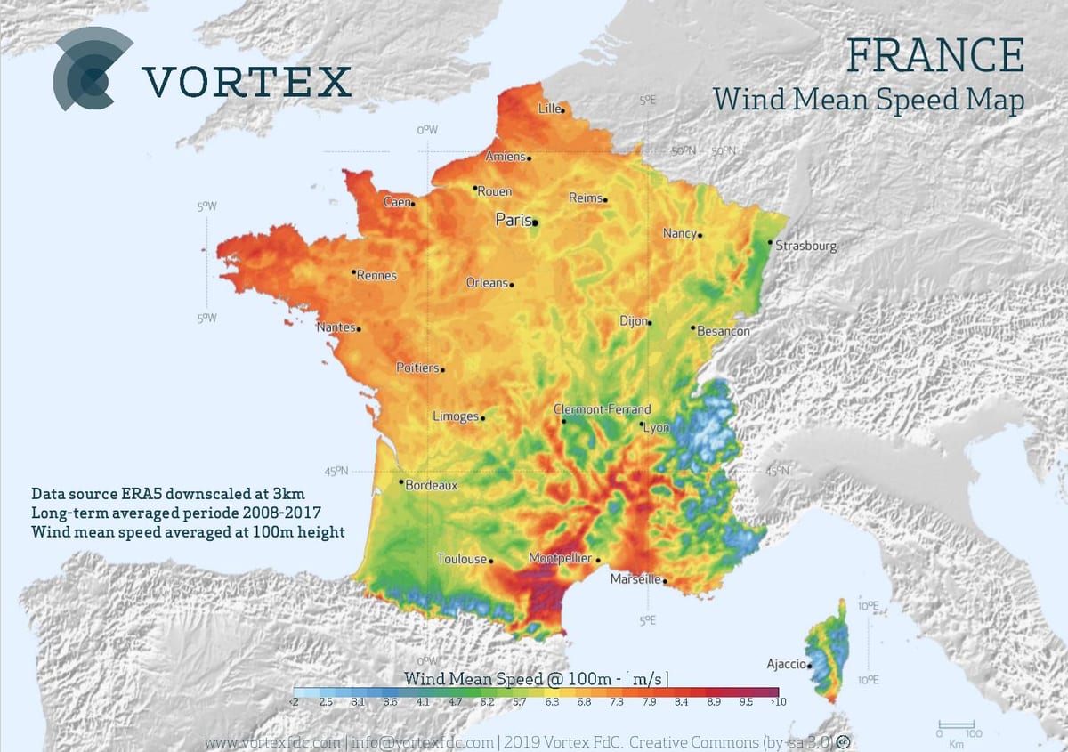 mapa da França, do vento