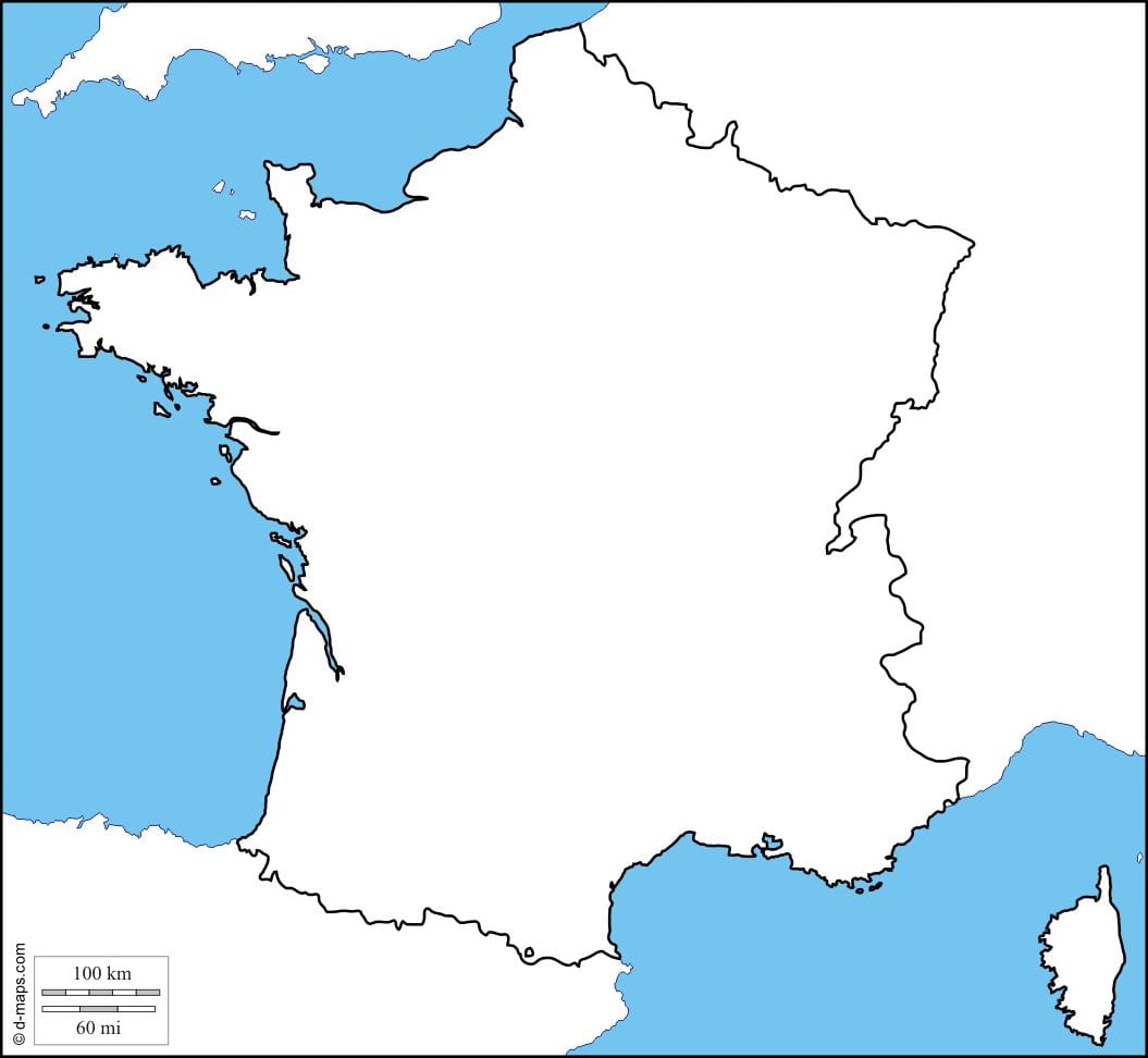 mapa físico da França em branco