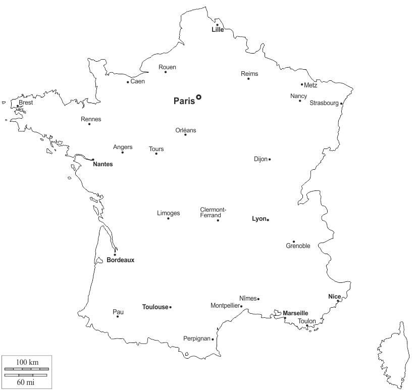 França contorno do mapa com cidades