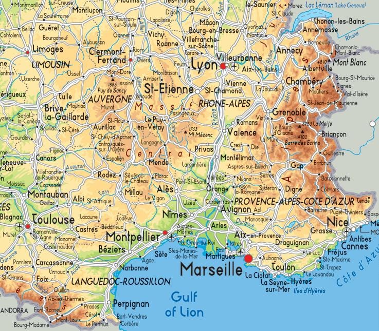 mapa da França, sul, leste