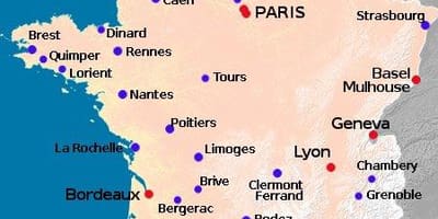 Mapa da França, mostrando aeroportos